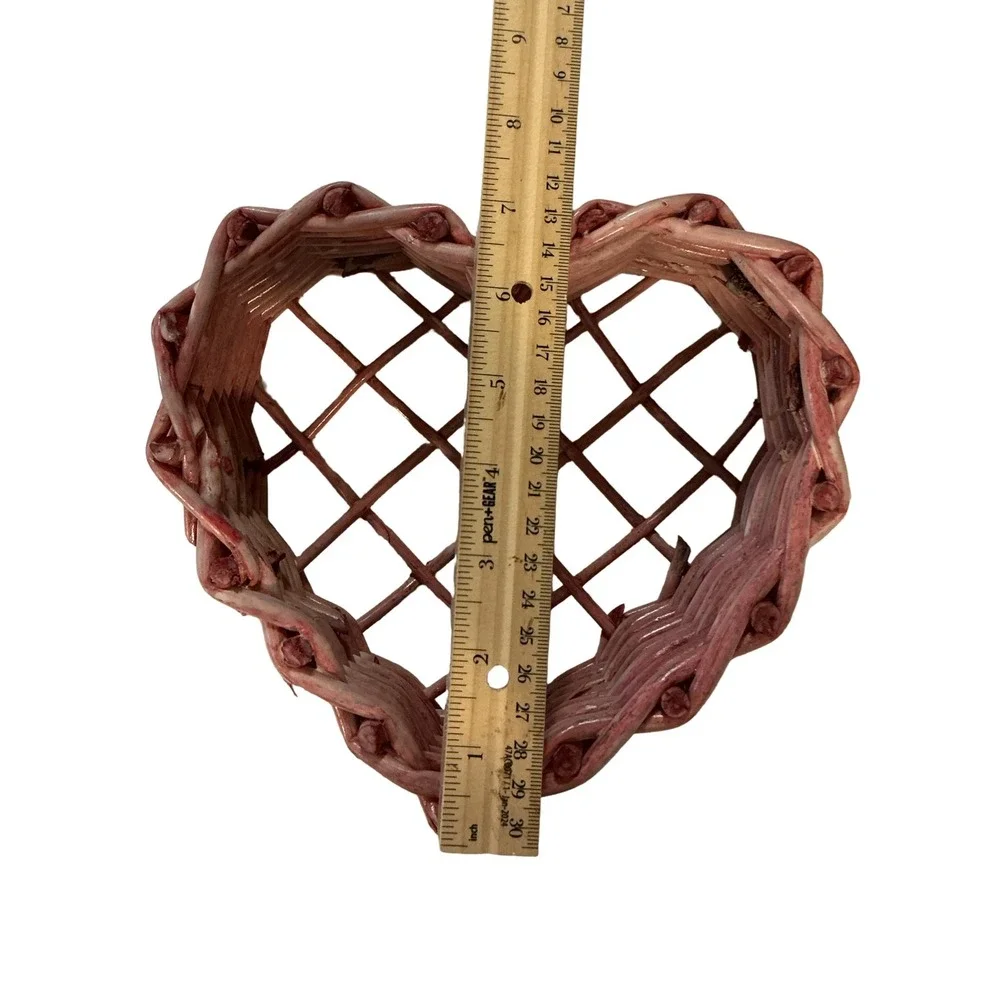 Vintage Pink Woven Wicker Heart Basket Lattice Wall Decor 8x7 Cottagecore